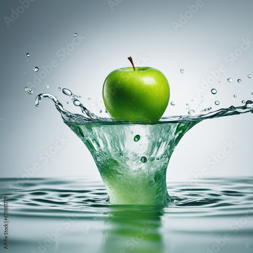 A green apple being attracted by water on a white background