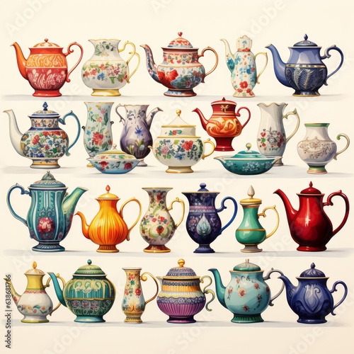 A collection of colorful teapots with different designs.