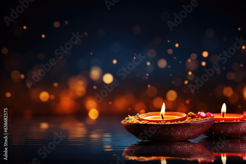 Happy Diwali festival with diya oil lamp and floral mandala on night blurred bokeh background. Indian colorful traditional festival of lights celebration. Generative AI