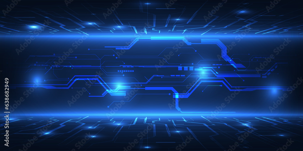 Vector illustration of Abstract blue digital hi tech background with glowing horizontal line and digital element circuit pattern.Digital communication innovation and technology concept. - obrazy, fototapety, plakaty 