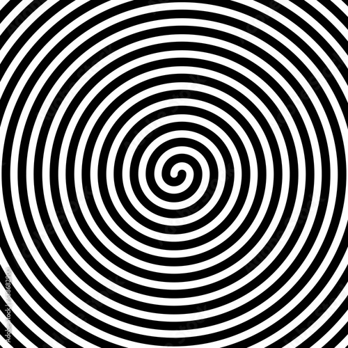 Hypnotic spirals background. Radial optical illusion. Black and white swirl tunnel wallpaper. Spinning concentric circles. Vortex or whirlpool design for poster, banner, flyer. Vector illustration