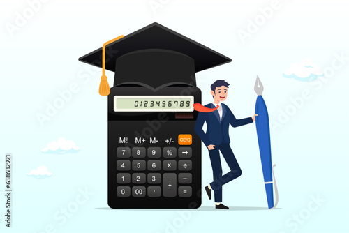 Graduated student standing with mortar board hat calculator, student loan calculation, education budget allocation, university expense and debt pay off or scholarship payment (Vector)