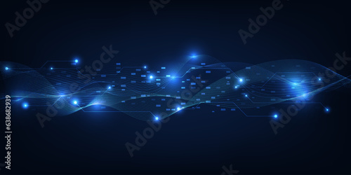 Vector illustration of futuristic digital tech space with wave wireframe on hi-tech circuit pattern and glowing geometry stripe particle.Futuristic digital communication innovation technology concept.