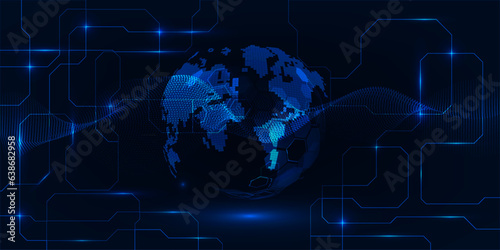 Vector illustrations of Abstract blue futuristic globe digital economic or metaverse with glowing particles around.Digital innovation and technology concepts.
