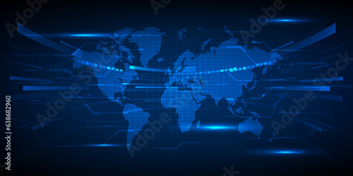 Vector illustration of world map with futuristic blue digital curve stripe and digital circuit.Digital global communication and innovation technology concept.