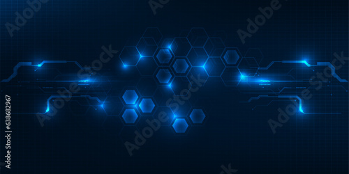 Vector illustrations of Bright glowing blue hexagonal and circuit network pattern digital hi tech background.
