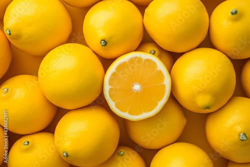 Close up half yellow lemons background or texture. banner top view