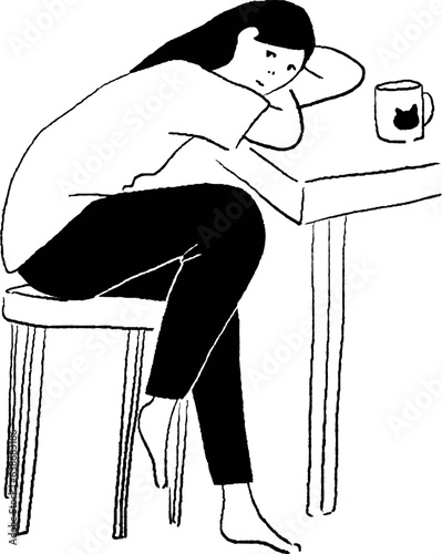 机に持たれている女性の線画ベクターイラスト