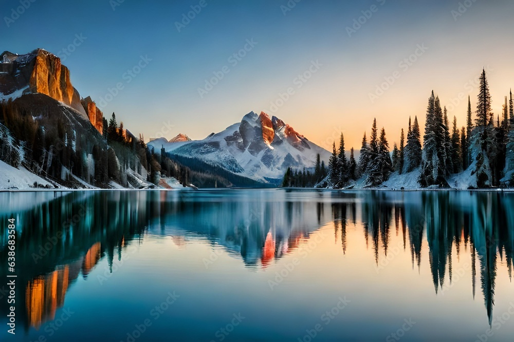 Beautiful ice covered mountains with long trees and a river  with extreme soothing environment. Water stream is showing the shadow of icy mountains in it