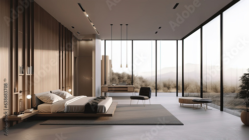 A sunlit bedroom with floor-to-ceiling glass windows showcasing a stunning mountain view, featuring an all-wood finish interior. Photorealistic illustration, Generative AI © DIMENSIONS