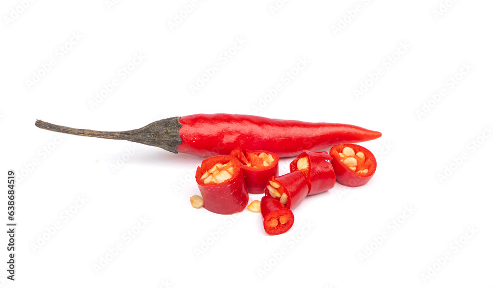 Red chili peppers and sliced chili peppers with seeds on white background