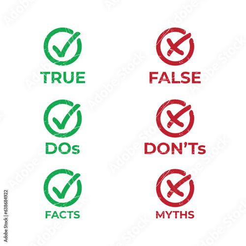 true, false, do's, don'ts, facts, myths symbol with grunge effect