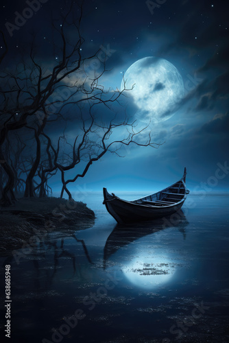 Beautiful Moonlight Landscape with Boat