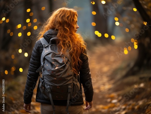 Woman with red hair walking on a path at night, full body, glowing butterflies, backpack,