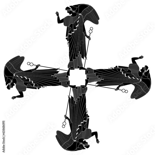 Rectangular cross shape ornament with four winged female figures or angels. Ancient Greek goddess Nike or Victory. Black and white silhouette.