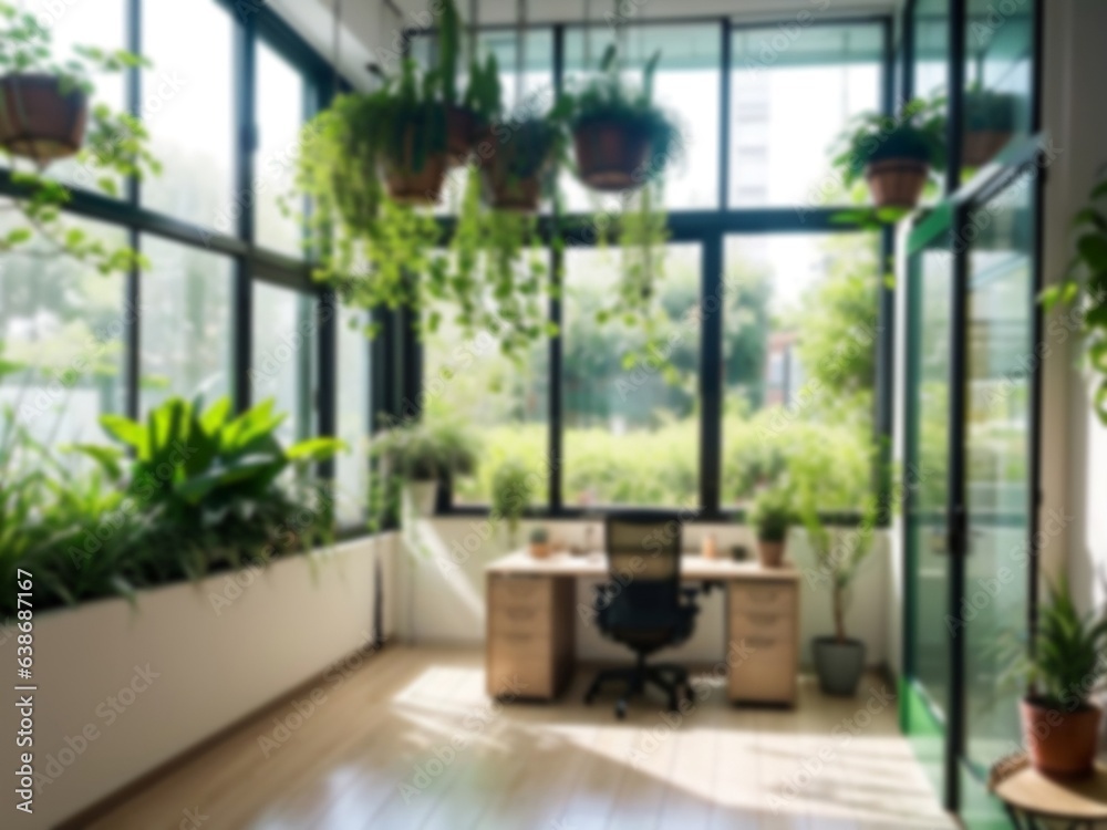 Fototapeta premium Blurred sustainable green office interior, modern office, business background with sustainable concept.