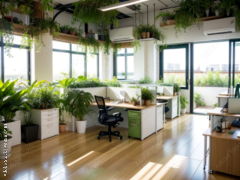 Blurred sustainable green office interior, modern office, business background with sustainable concept.