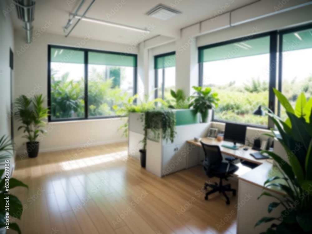 Fototapeta premium Blurred sustainable green office interior, modern office, business background with sustainable concept.