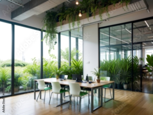 Blurred sustainable green office interior, modern office, business background with sustainable concept. © PNG&Background Image
