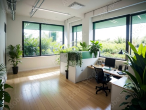 Blurred sustainable green office interior, modern office, business background with sustainable concept.