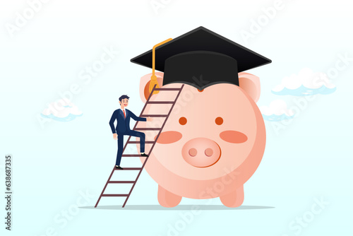 Young student climbing the ladder to reach piggy bank wearing university graduation hat, education fund, cost and expense in books, course study, saving money to achieve degree and graduation (Vector)