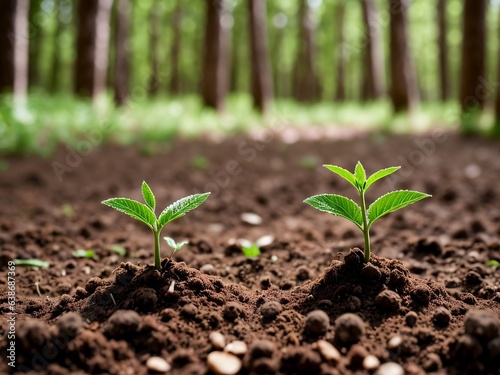Young plants sprout growing on natural soil, blurred background with copy space.