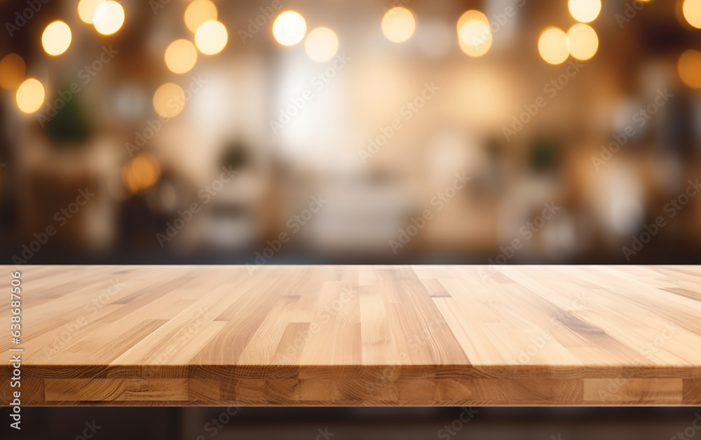 Bokeh background with empty wooden deck table for product montage display Bokeh background with empty wooden deck table for product montage display