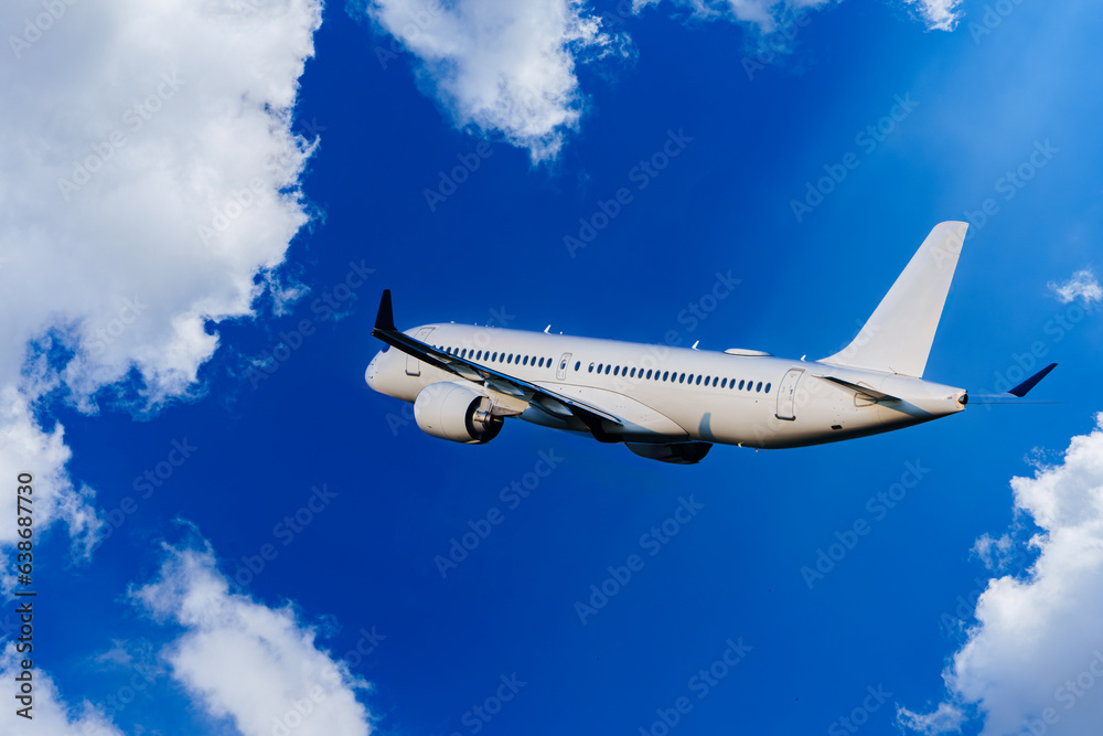 Obraz premium Passengers Commercial airplane flying above dramatic clouds. Concept of fast travel, holidays and business. Commercial transportation concept
