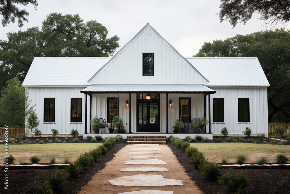 a white farmhouse with black trim and yard, pool, luxury car