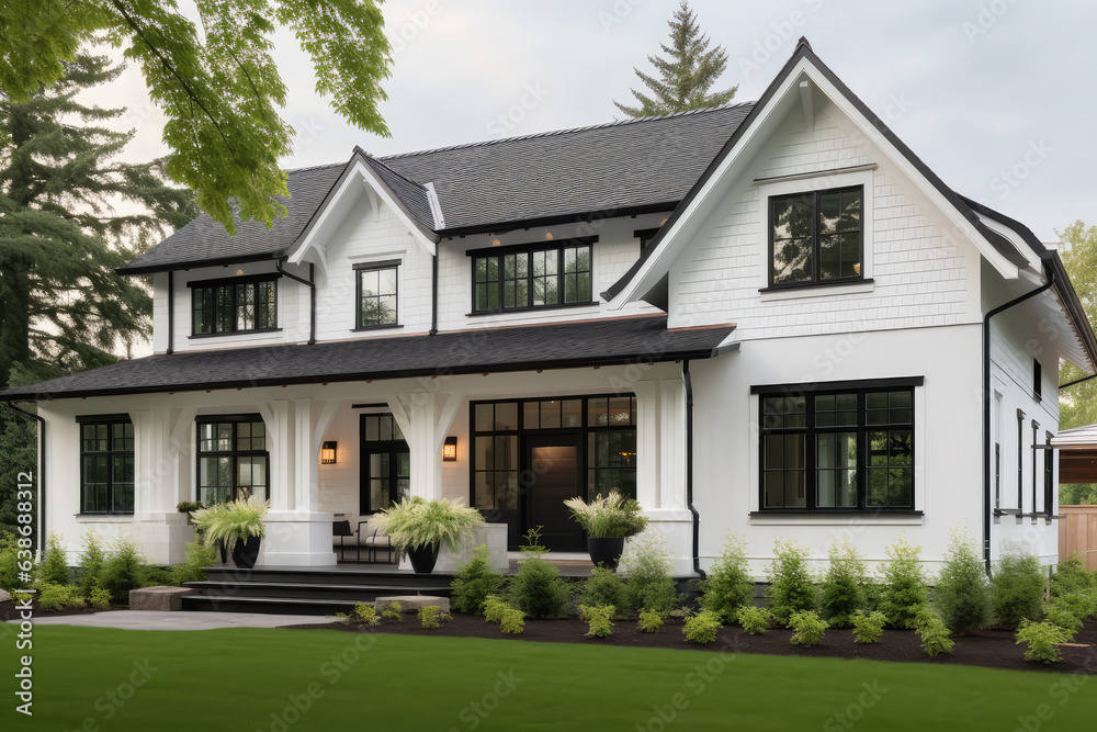 a white farmhouse with black trim and yard, pool, luxury car