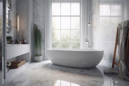 A spacious and restful bathroom with a white bathtub placed next to a window, offering natural light and a peaceful ambiance. The perfect space for relaxation and rejuvenation. AI Generative.
