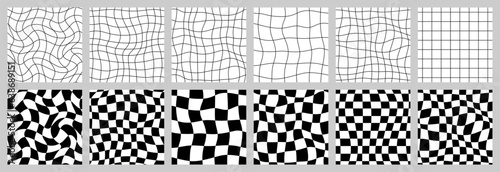 Black and White Psychedelic Checkerboard Seamless Patterns Set. Retro Groovy Grid Background in 1970s Style. Y2K Texture