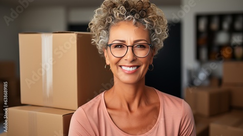 Smiling elegant woman with boxes in the background.. Made with Generative AI.