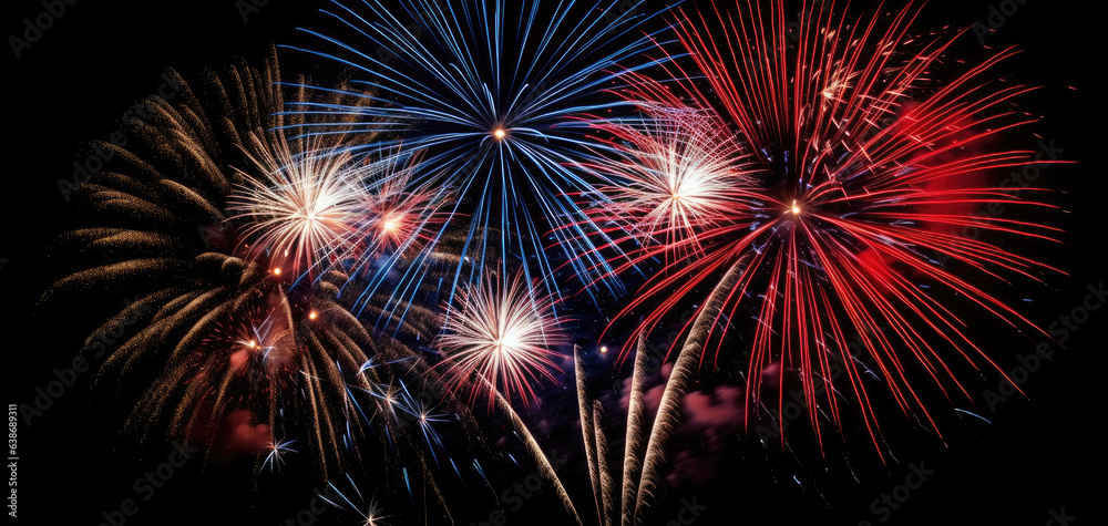 Patriotic Fireworks in Night Sky, Red, White, Blue, Generative AI Patriotic Fireworks in Night Sky, Red, White, Blue, Generative AI