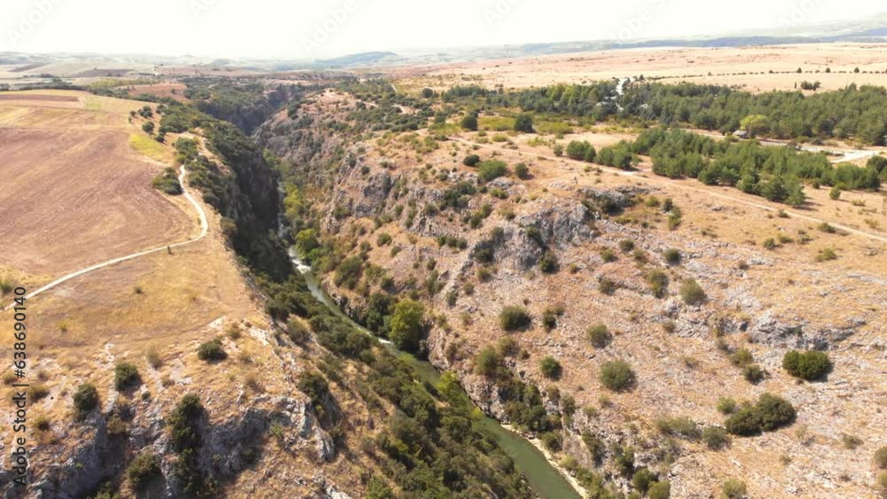 Faraggi Aggiti, Serres Greece, Agitis Canyon Gorge with River Aerial Panning Shot Faraggi Aggiti, Serres Greece, Agitis Canyon Gorge with River Aerial Panning Shot