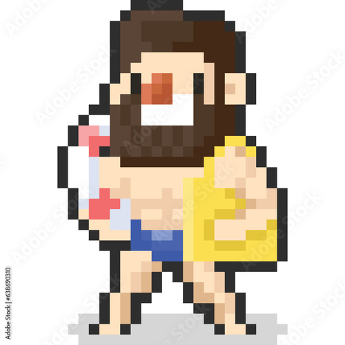 Pixel art cartoon beard man character with swimming items