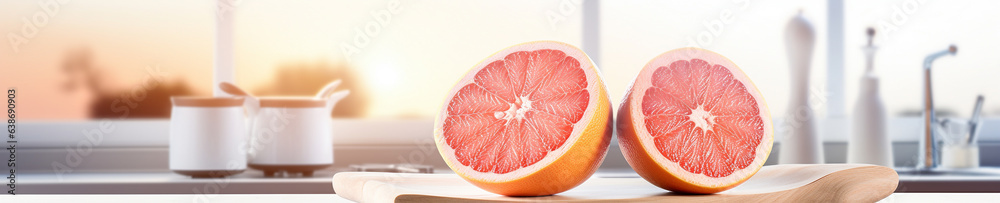 A Banner Photo of Grapefruit on a Counter in a Modern Kitchen A Banner Photo of Grapefruit on a Counter in a Modern Kitchen