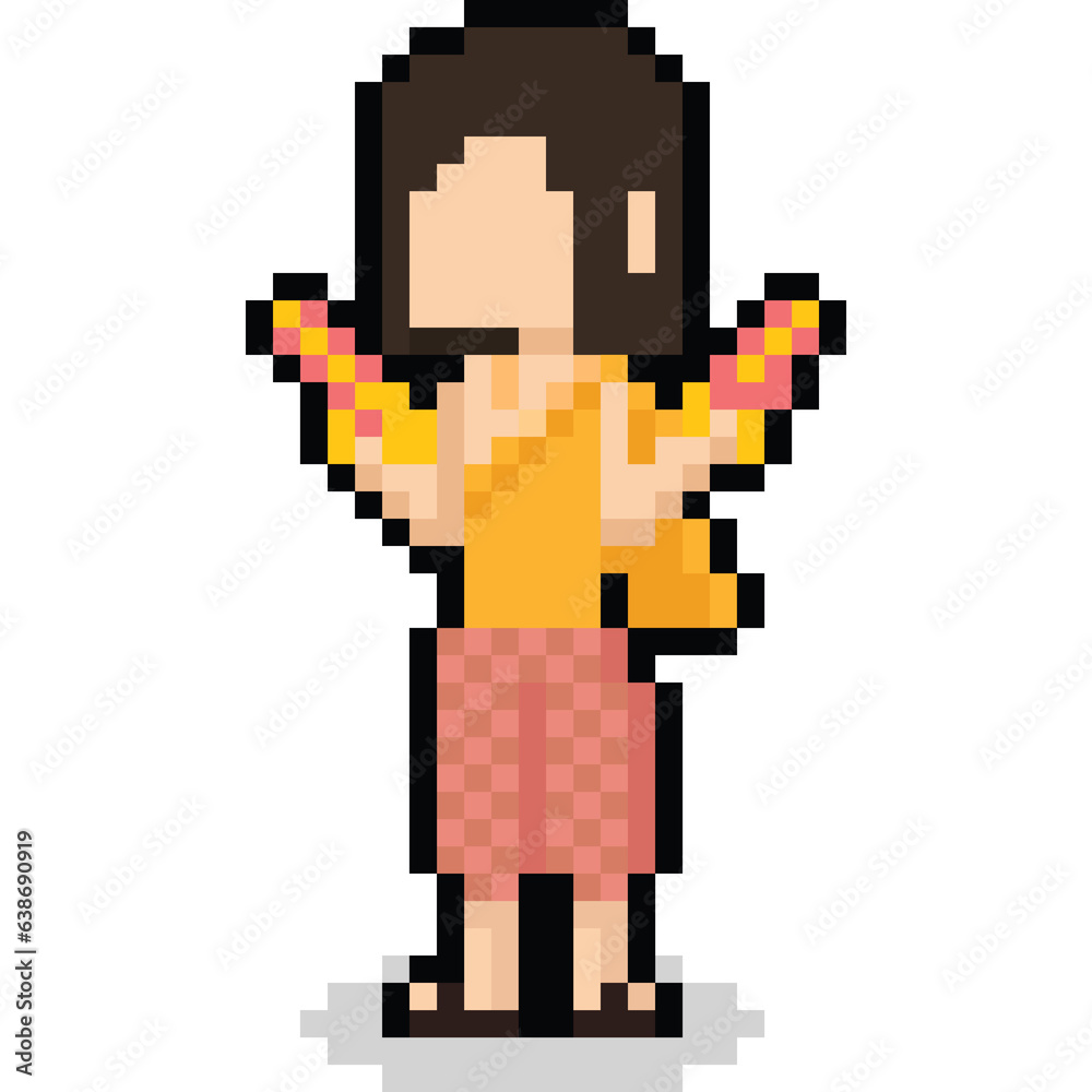 Fototapeta premium Pixel art woman character in Thai songkran vintage cloth