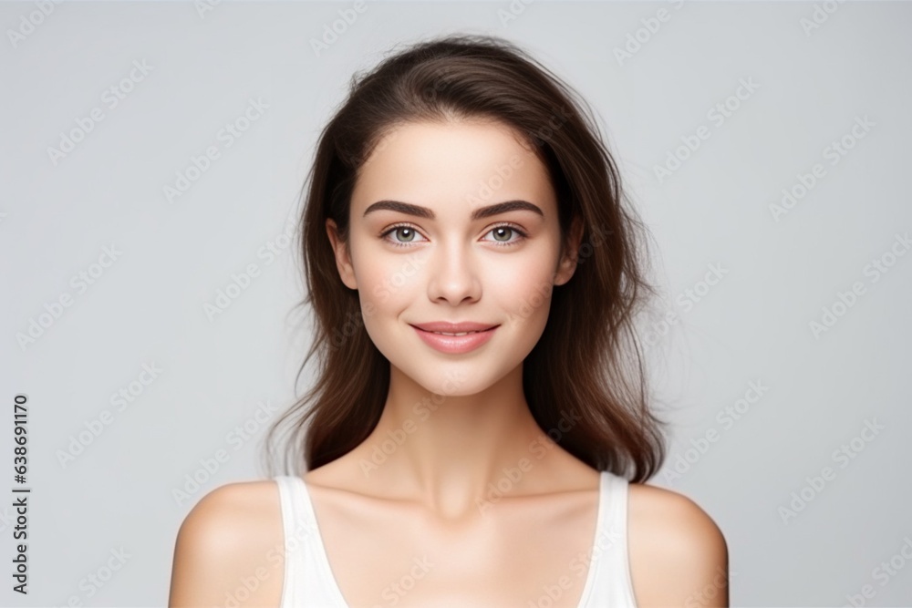 Generative AI : Portrait of young happy woman looks in camera. Skin care beauty, skincare cosmetics Generative AI : Portrait of young happy woman looks in camera. Skin care beauty, skincare cosmetics