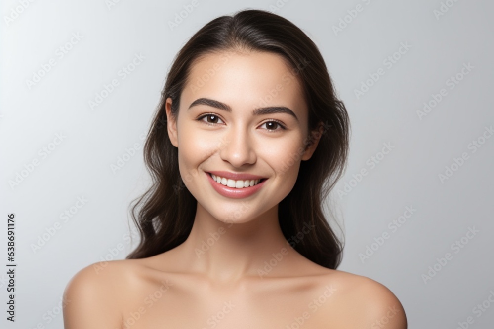 Generative AI : Portrait of young happy woman looks in camera. Skin care beauty, skincare cosmetics Generative AI : Portrait of young happy woman looks in camera. Skin care beauty, skincare cosmetics