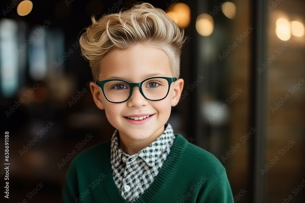 Generative AI : Portrait of blond little boy in green sweater and glasses. Generative AI : Portrait of blond little boy in green sweater and glasses.