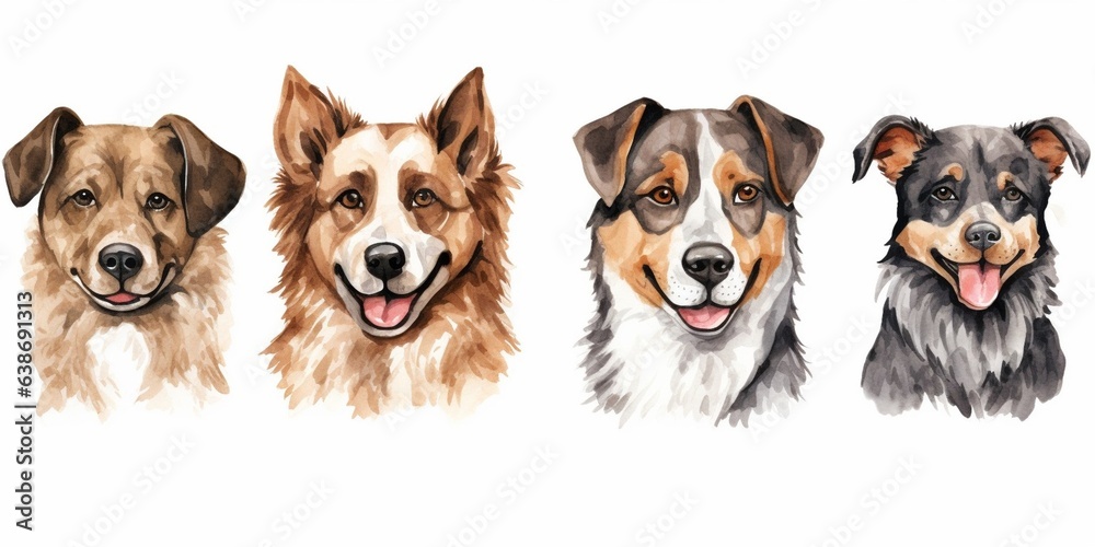 Generative AI : Clip art set: varieties of six dogs, hand - drawn sticker style, watercolor brush