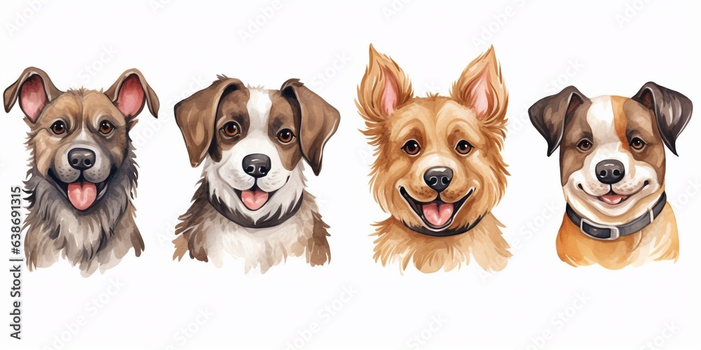 Generative AI : Clip art set: varieties of six dogs, hand - drawn sticker style, watercolor brush