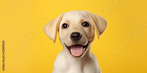 Generative AI : Cute Labrador puppy on a yellow background wink. A place for text