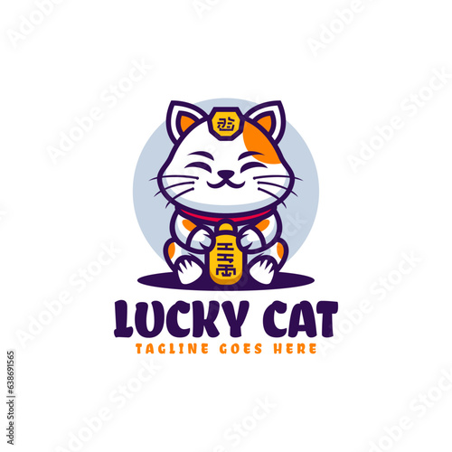 Vector Logo Illustration Lucky Cat Mascot Cartoon Style.