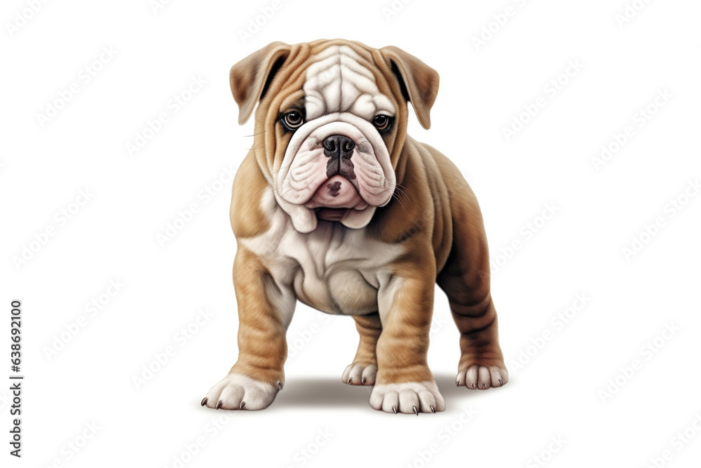 English bulldog puppy fat dog standing isolated on white background. 