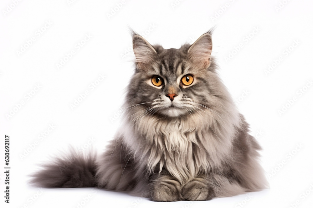 a Funny giant long-haired gray kitten cat in front of a white background. 