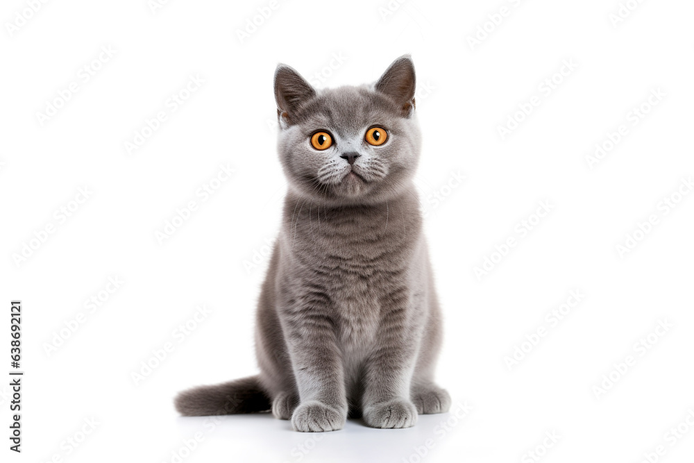 a British Shorthair cat in front of a white background. 