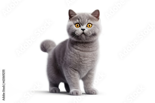 a British Shorthair cat in front of a white background. 