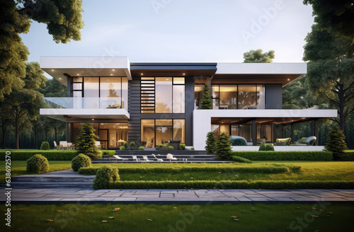 a modern house with many glass windows, big lawn in front, pool, generative AI © Kien